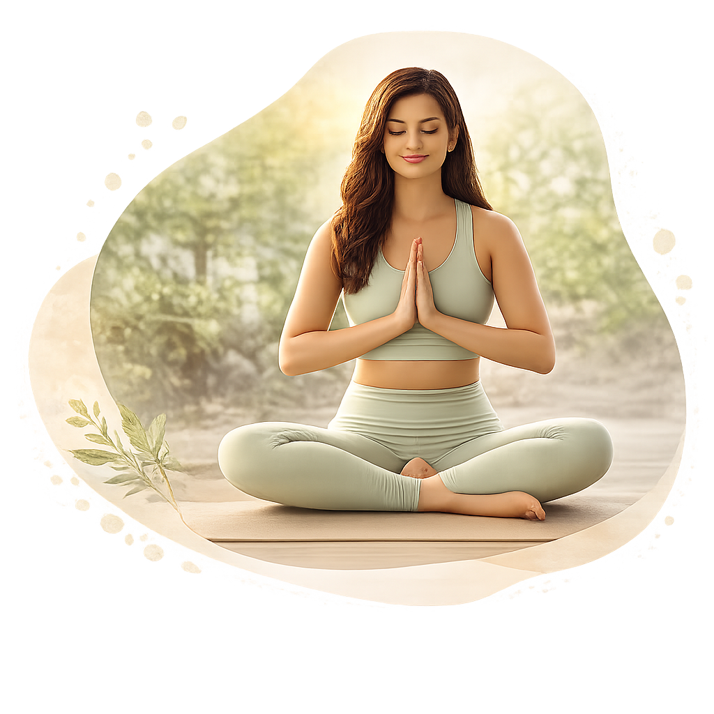 Woman meditating inside soft organic wellness blob